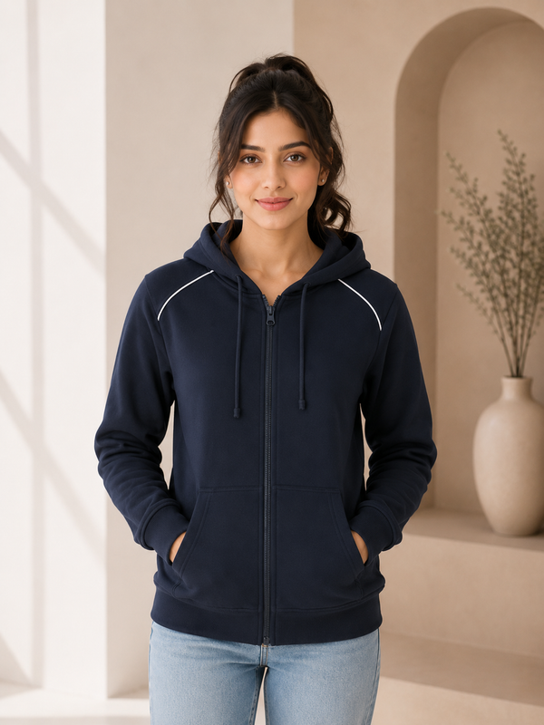 Ladies Contast Piping Fleecy Hoodie