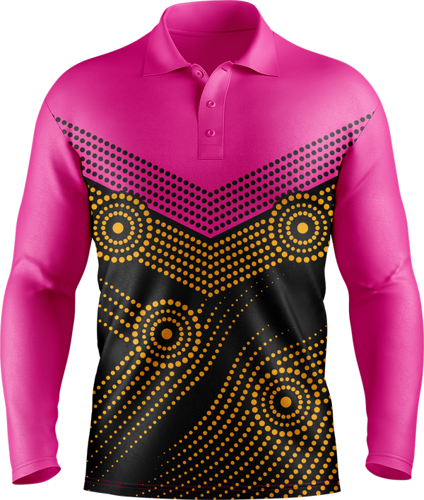 Hi Vis Aboriginal Dot Chevron Pattern Long Sleeve Polo