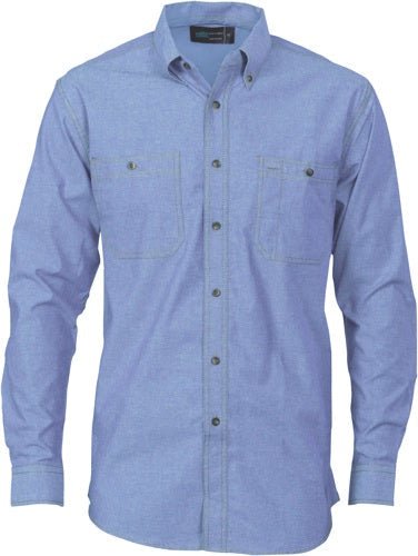 Cotton Chambray Shirt , Twin Pocket - Long Sleeve - kustomteamwear.com